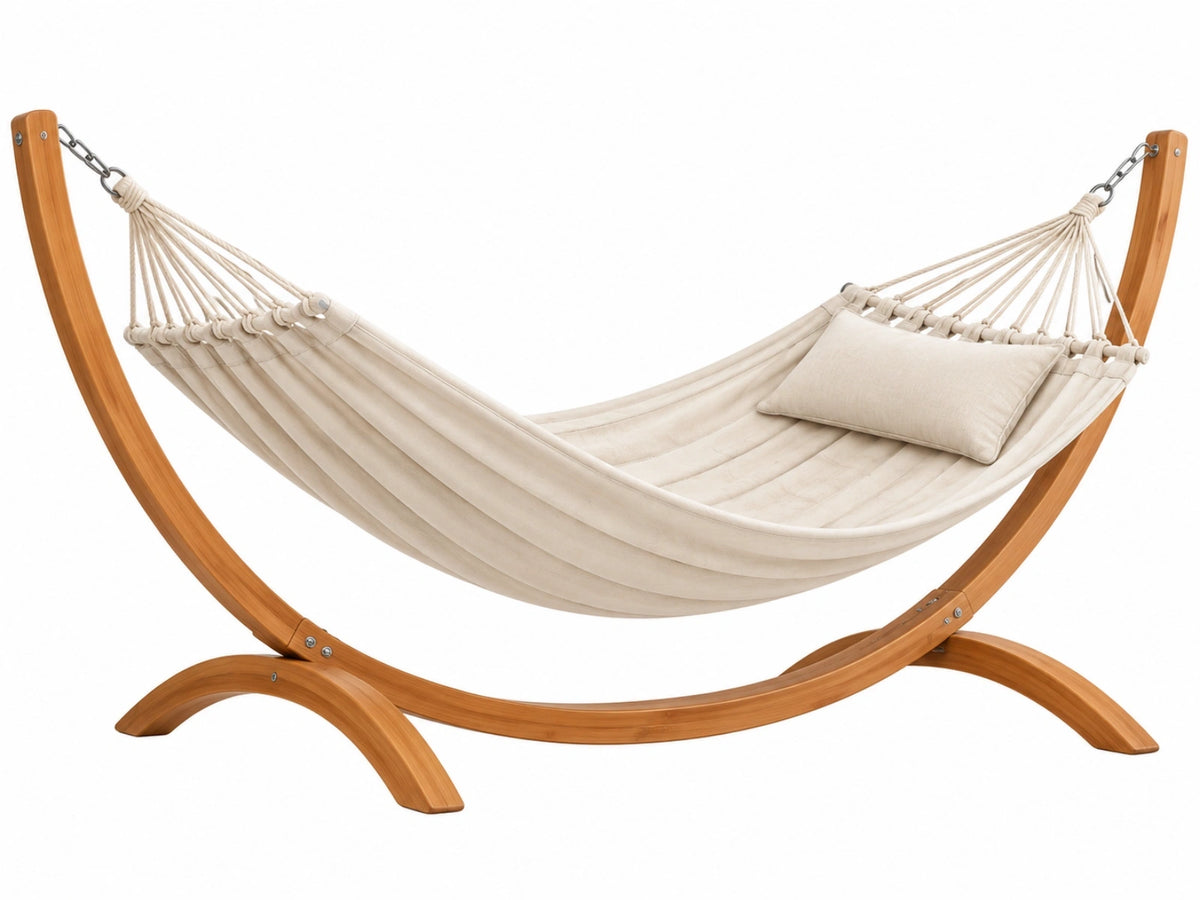 Amaca da giardino 300 x 120 x 110 cm in legno e tessuto beige con supporto autoportante