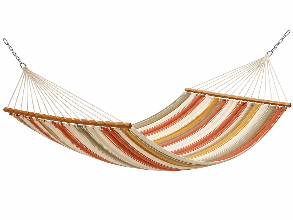 Amaca 300 x 100 cm in tessuto a righe beige arancione e giallo con barre in legno per esterno