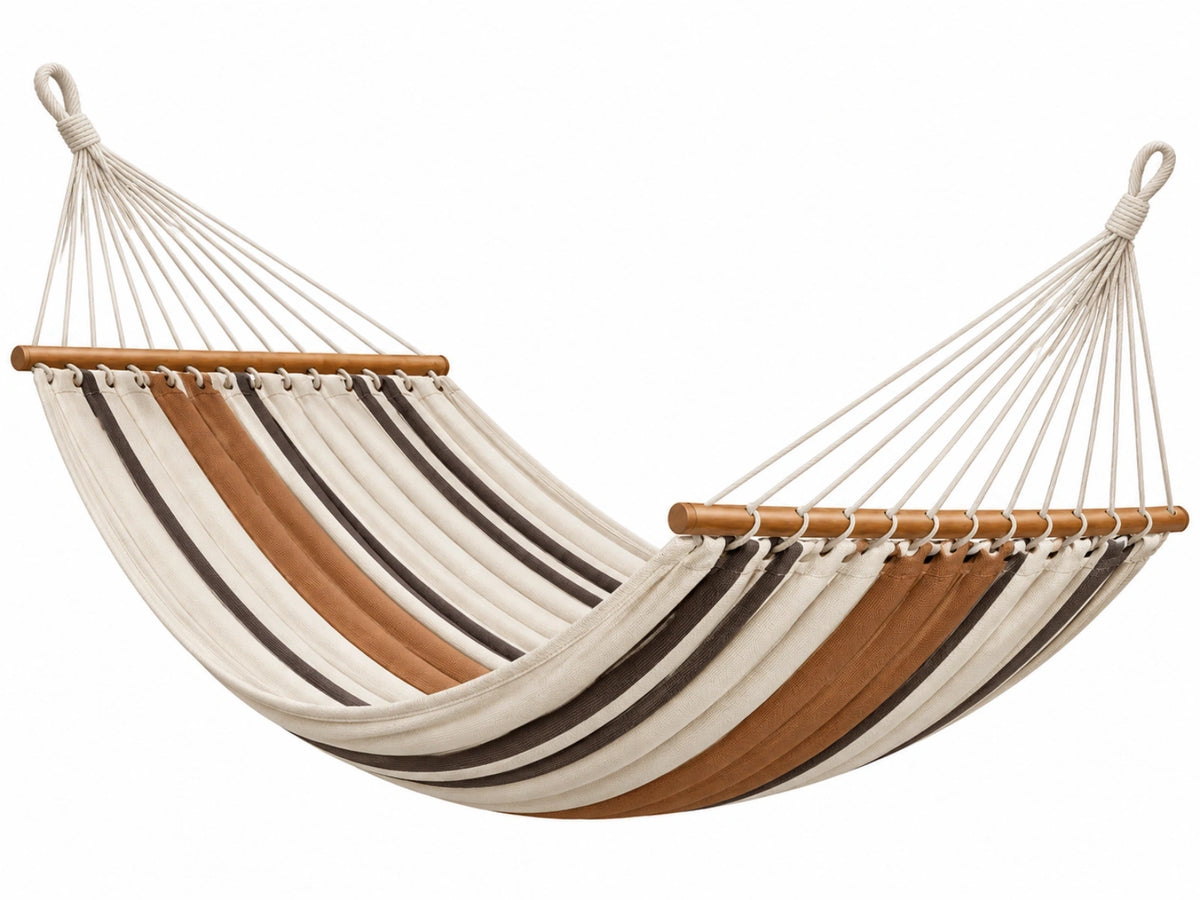 Amaca da giardino 200 x 150 cm in tessuto di cotone beige marrone con barre in legno - sospesa