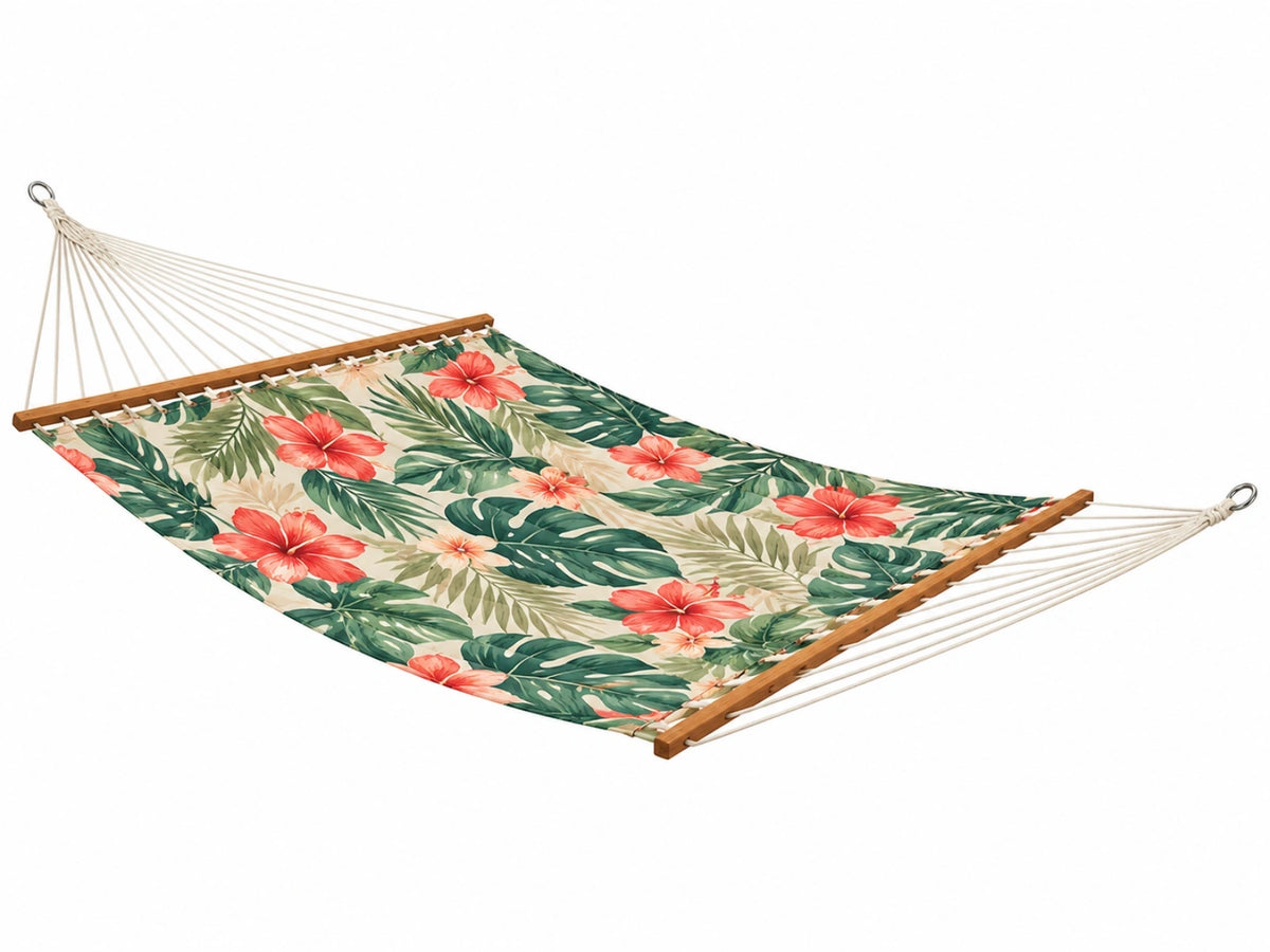 Amaca 300 x 150 cm in tessuto beige verde e rosso con barre in legno - stile tropicale da giardino