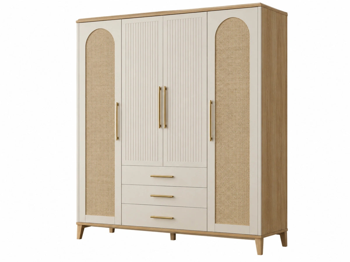 Armadio guardaroba 160 x 50 x 200 cm in legno beige e naturale - 4 ante 3 cassetti stile bohémien