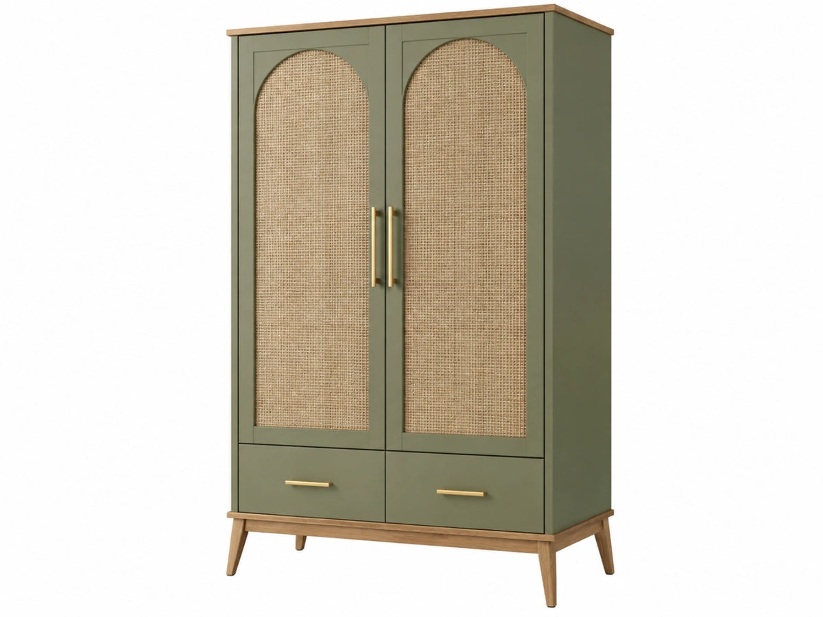 Armadio 100 x 50 x 180 cm in legno verde oliva e rattan - contenitore in stile naturale