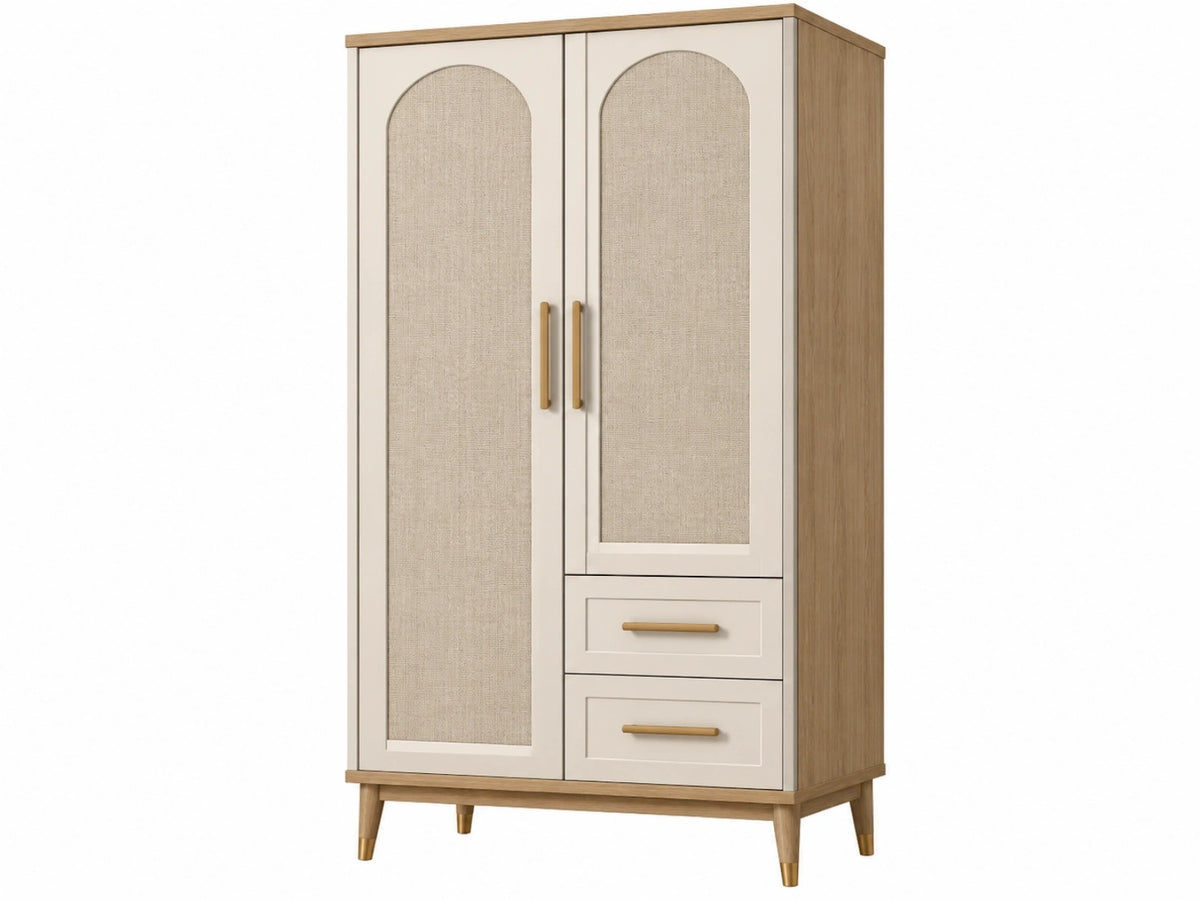 Armadio 100 x 50 x 180 cm in legno ingegnerizzato beige con inserti tessili e 2 cassetti stile moderno