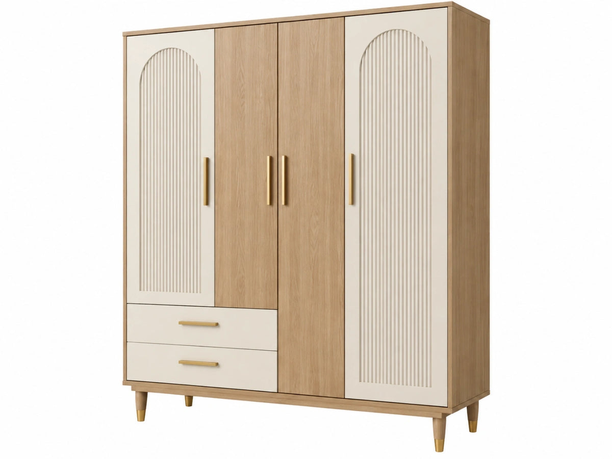 Armadio 160 x 55 x 200 cm in legno beige e rovere con 4 ante e 2 cassetti stile moderno