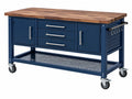 Banco da lavoro 152 x 71 x 91 cm in legno e acciaio blu con ruote stile industriale