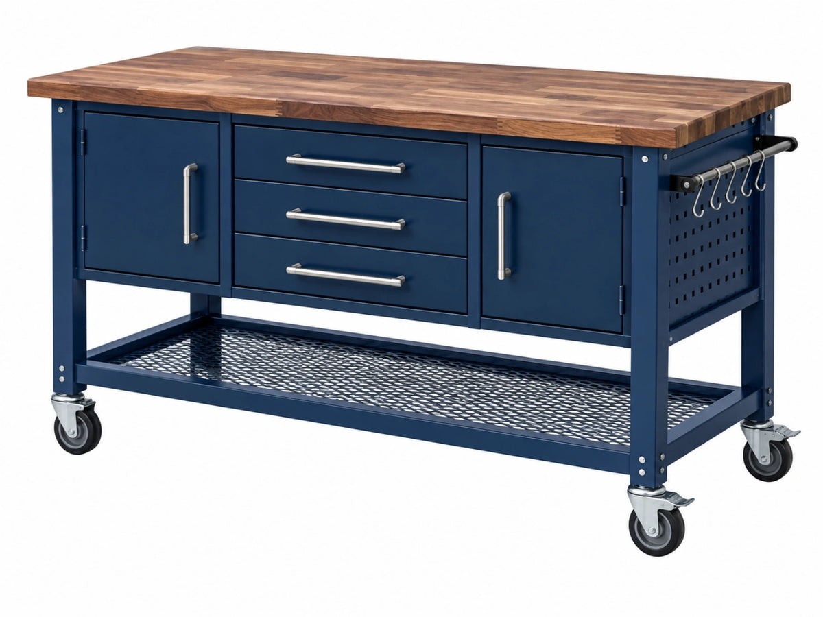Banco da lavoro 152 x 71 x 91 cm in legno e acciaio blu con ruote stile industriale