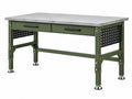 Banco da lavoro 160x60x85 cm in acciaio verde con piano effetto cemento e 2 cassetti stile industriale