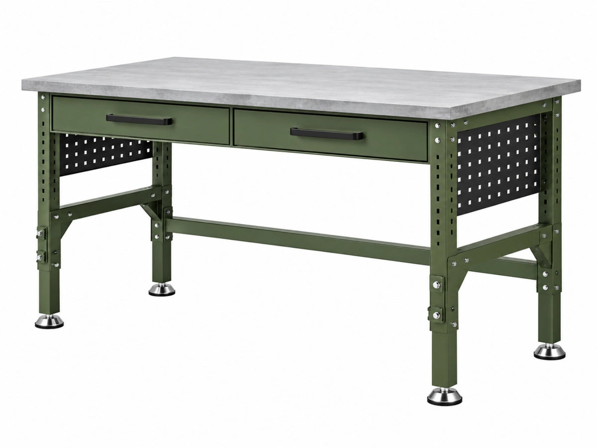 Banco da lavoro 160x60x85 cm in acciaio verde con piano effetto cemento e 2 cassetti stile industriale
