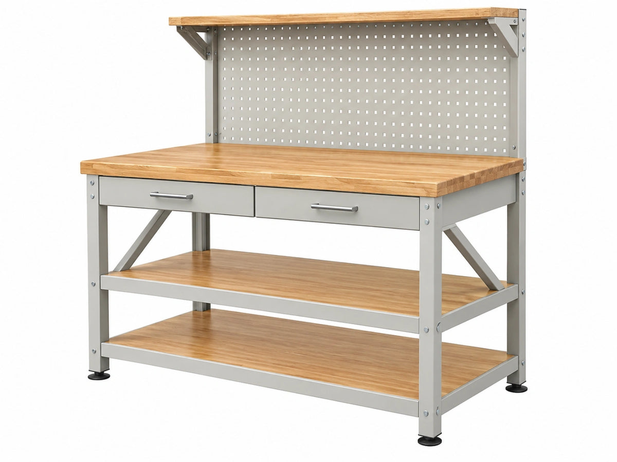 Banco da lavoro 150 x 75 x 190 cm in legno e acciaio grigio con cassetti e pannello forato