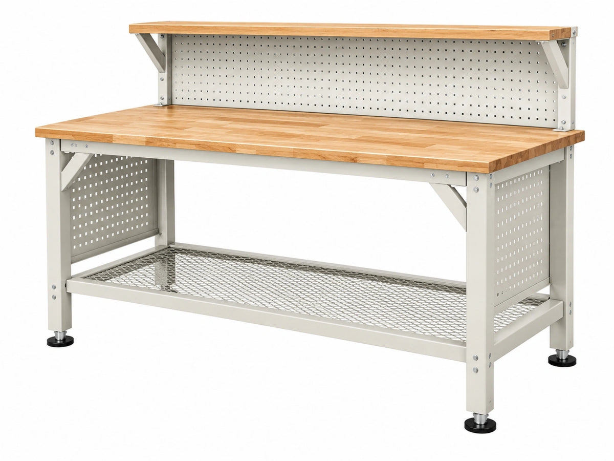 Banco da lavoro 152 x 61 x 155 cm in acciaio e legno naturale bianco con pannello forato e ripiano