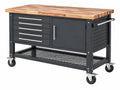 Banco da lavoro mobile 120 x 60 x 90 cm in acciaio nero e legno con cassetti e ruote