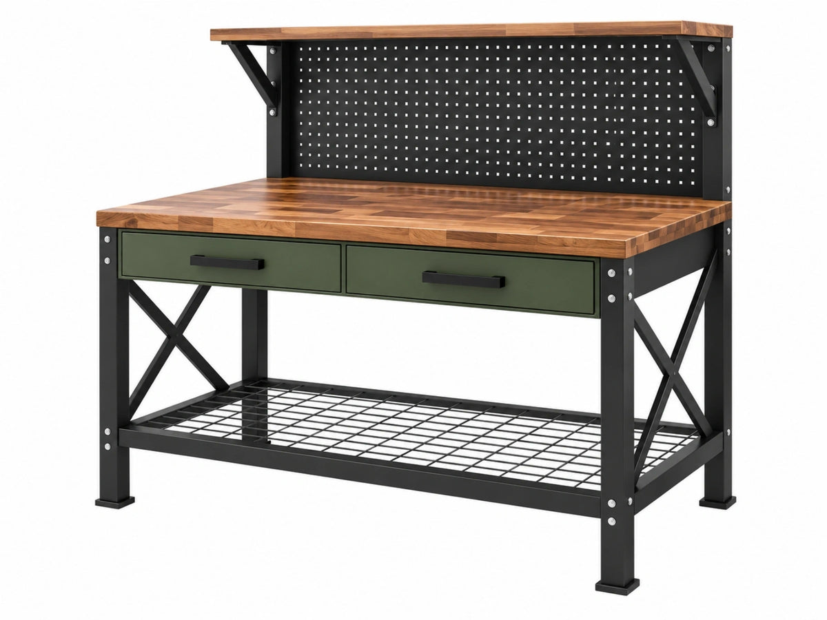Banco da lavoro 120 x 60 x 155 cm in legno e acciaio nero verde con pannello portautensili