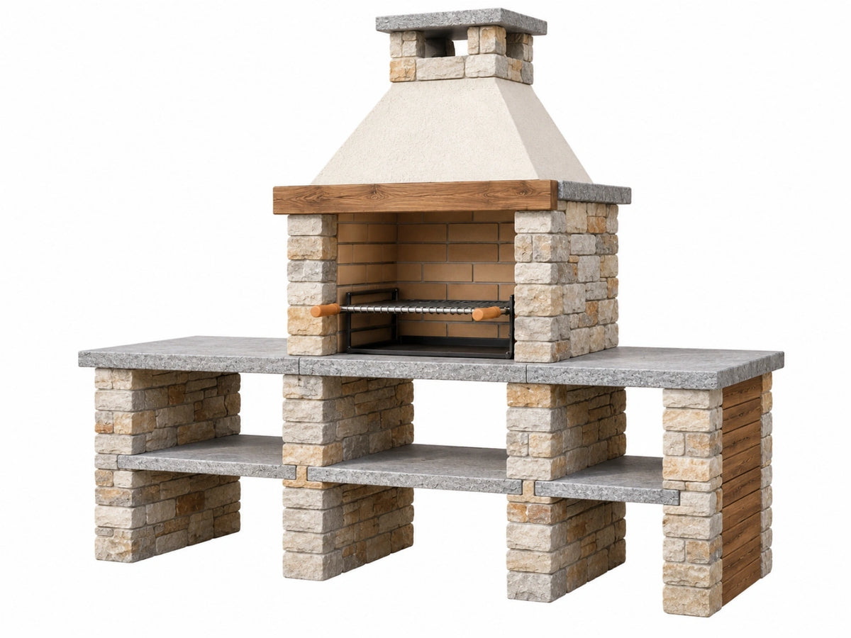 Barbecue da giardino 200 x 70 x 250 cm in pietra beige con griglia in metallo stile rustico