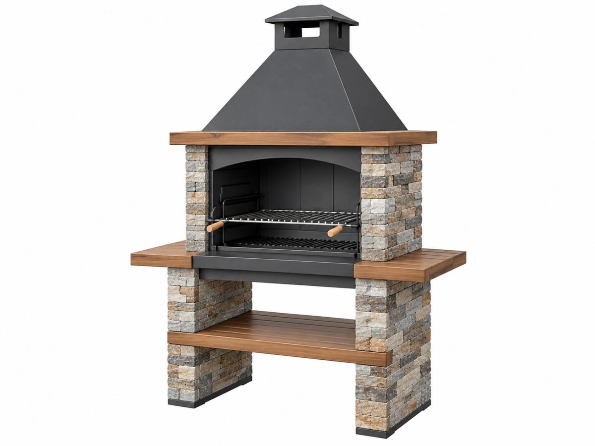 Barbecue da giardino 140 x 70 x 220 cm in pietra metallo e legno marrone nero