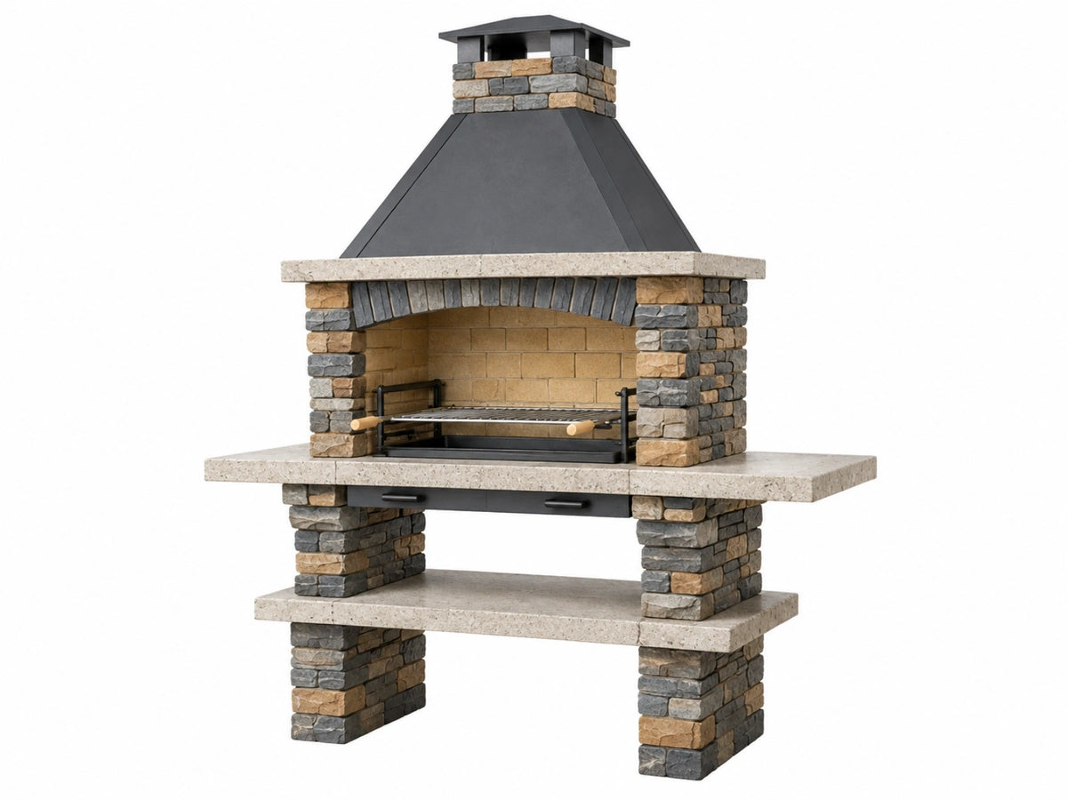 Barbecue da giardino 120 x 70 x 210 cm in pietra grigio/beige con cappa in acciaio e griglia regolabile