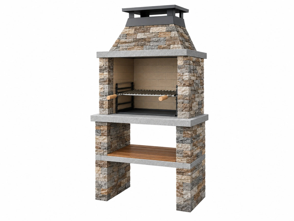 Barbecue in muratura 120x70x220 cm in pietra grigio beige con griglia regolabile per esterni