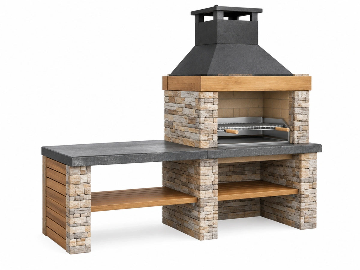 Barbecue da giardino 220 x 90 x 250 cm in pietra legno e metallo grigio antracite