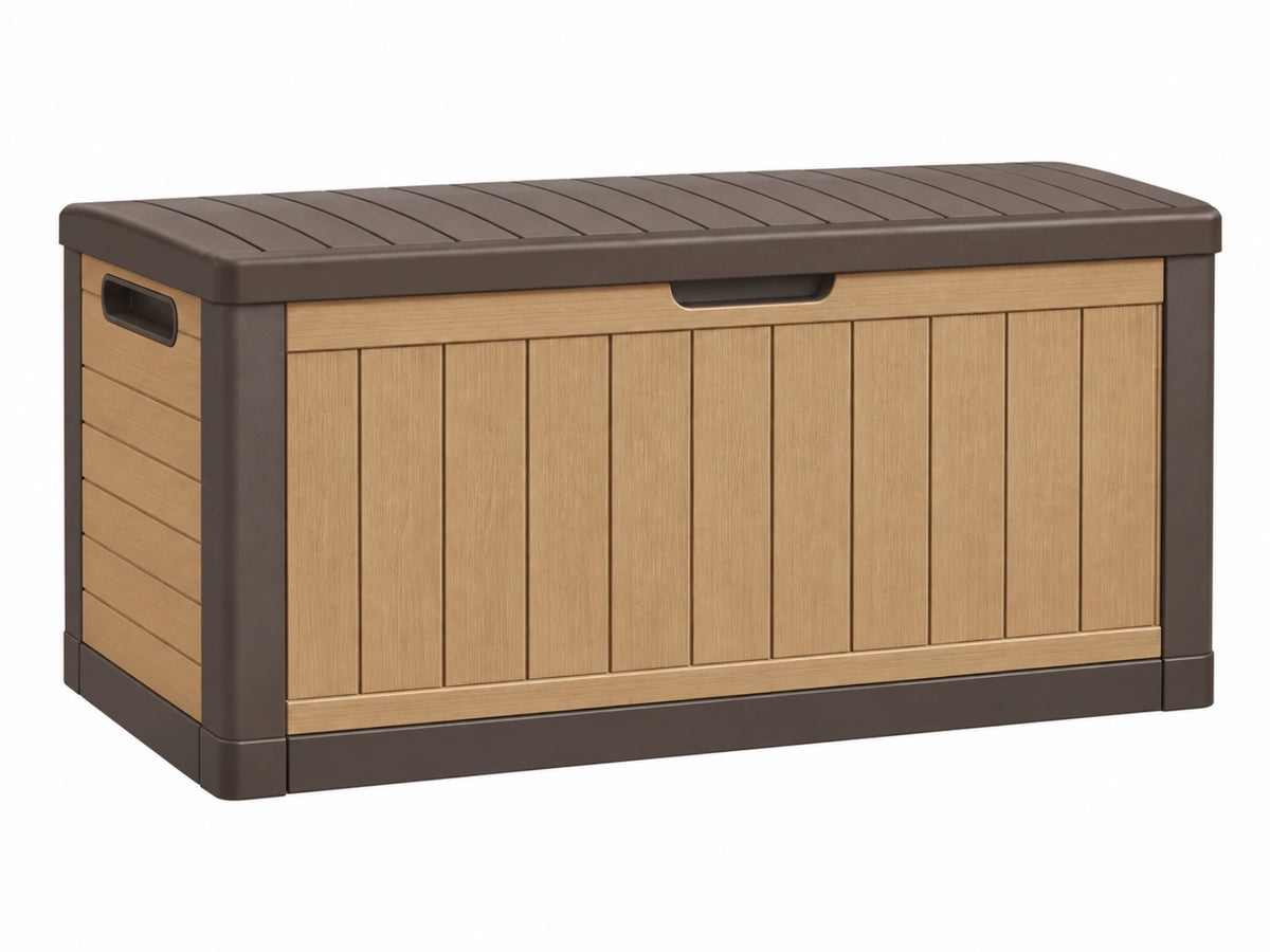 Cassapanca da esterno 120 x 60 x 63 cm in resina marrone effetto legno con coperchio