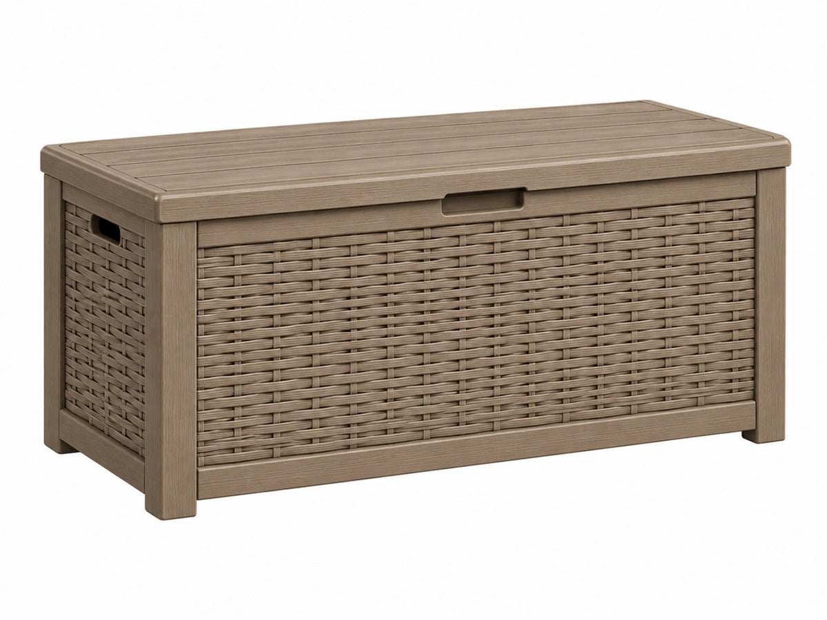 Baule contenitore da esterno 119 x 48 x 60 cm in resina tortora effetto rattan con coperchio