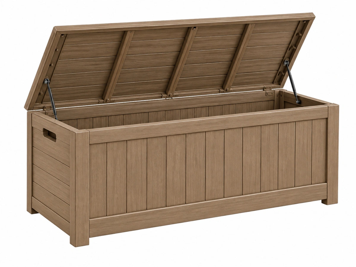 Cassapanca da esterno 152 x 73 x 70 cm in resina marrone effetto legno con coperchio sollevabile