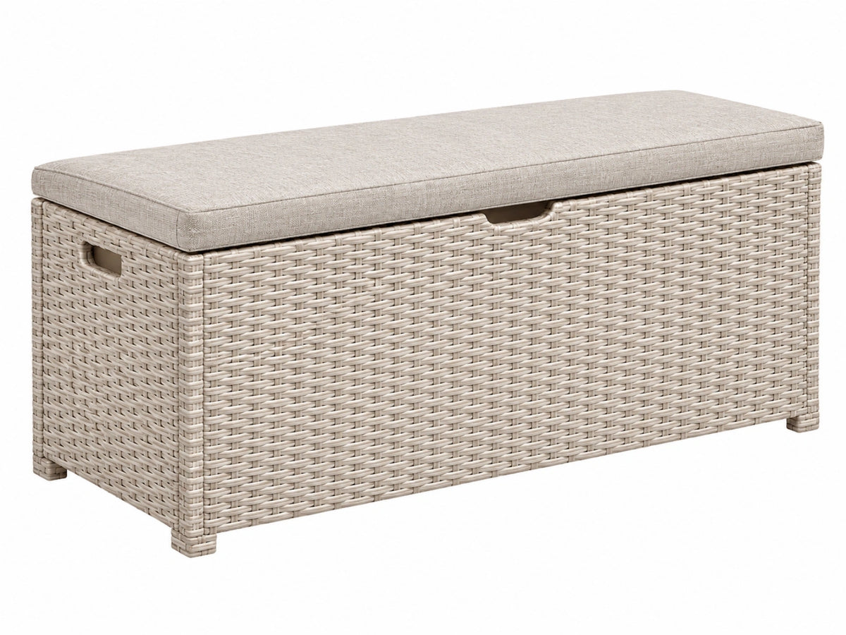Panca contenitore 120 x 45 x 50 cm in rattan sintetico beige con cuscino per esterno