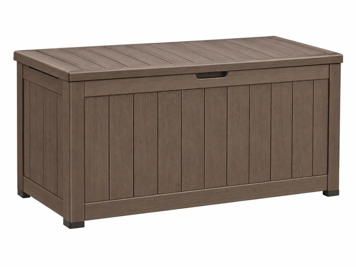 Cassapanca da giardino 120 x 60 x 70 cm in polipropilene marrone effetto legno con coperchio