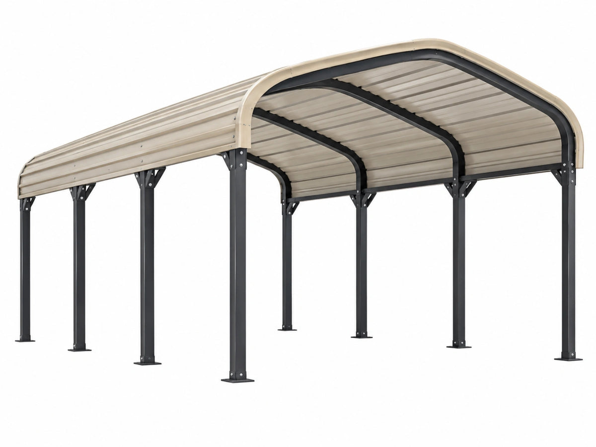 Pensilina per auto 600 x 300 x 270 cm in metallo beige e nero con copertura curva per esterni