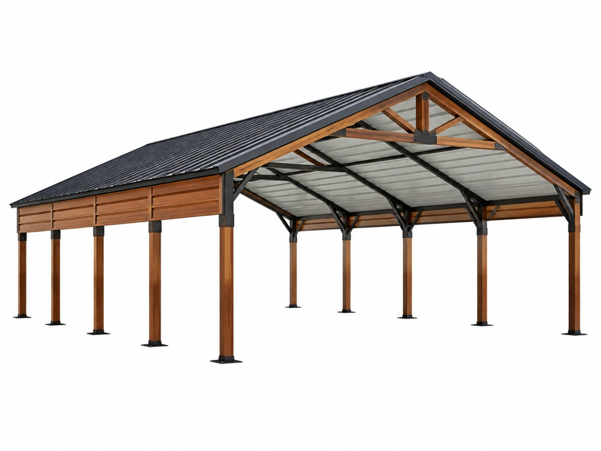Tettoia autoportante 600 x 500 x 300 cm in legno marrone e metallo nero per esterni