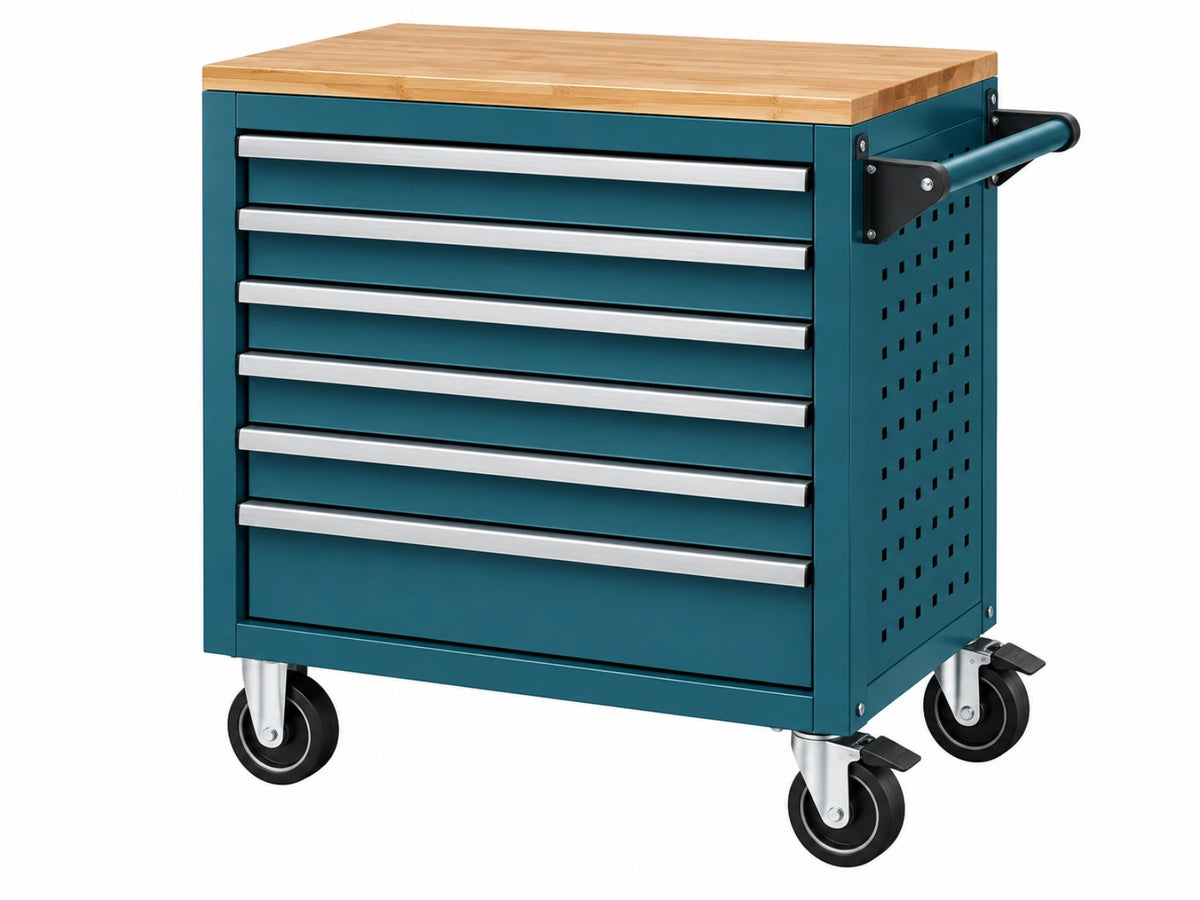 Carrello portautensili 77 x 46 x 95 cm in acciaio blu con piano in bambù e 7 cassetti