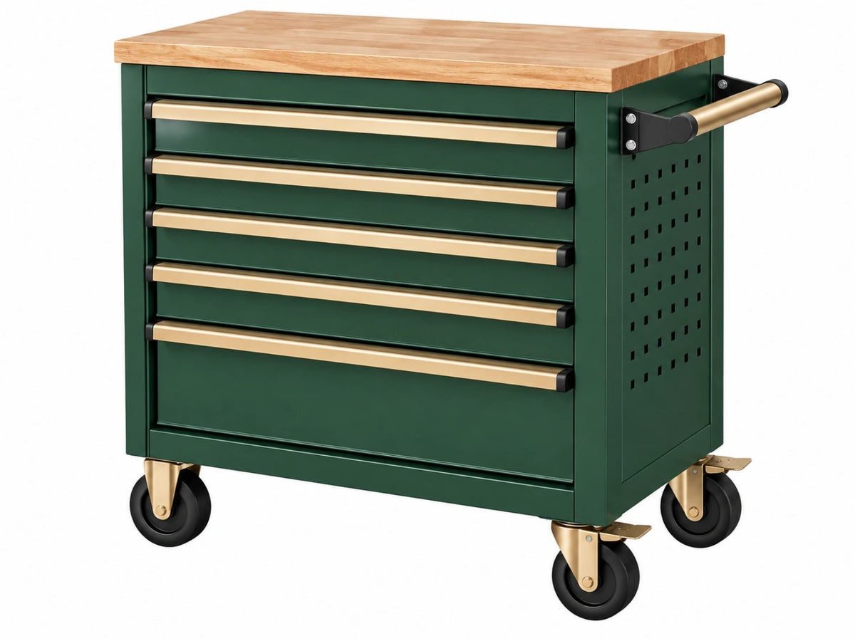 Carrello portautensili 78 x 46 x 90 cm in acciaio verde con piano in legno e 6 cassetti