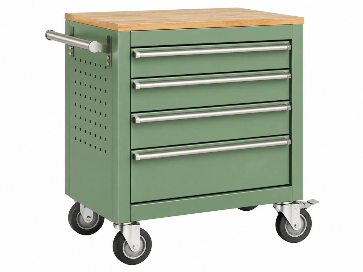 Carrello portautensili 76 x 46 x 91 cm in acciaio verde con piano in legno - cassettiera mobile da officina