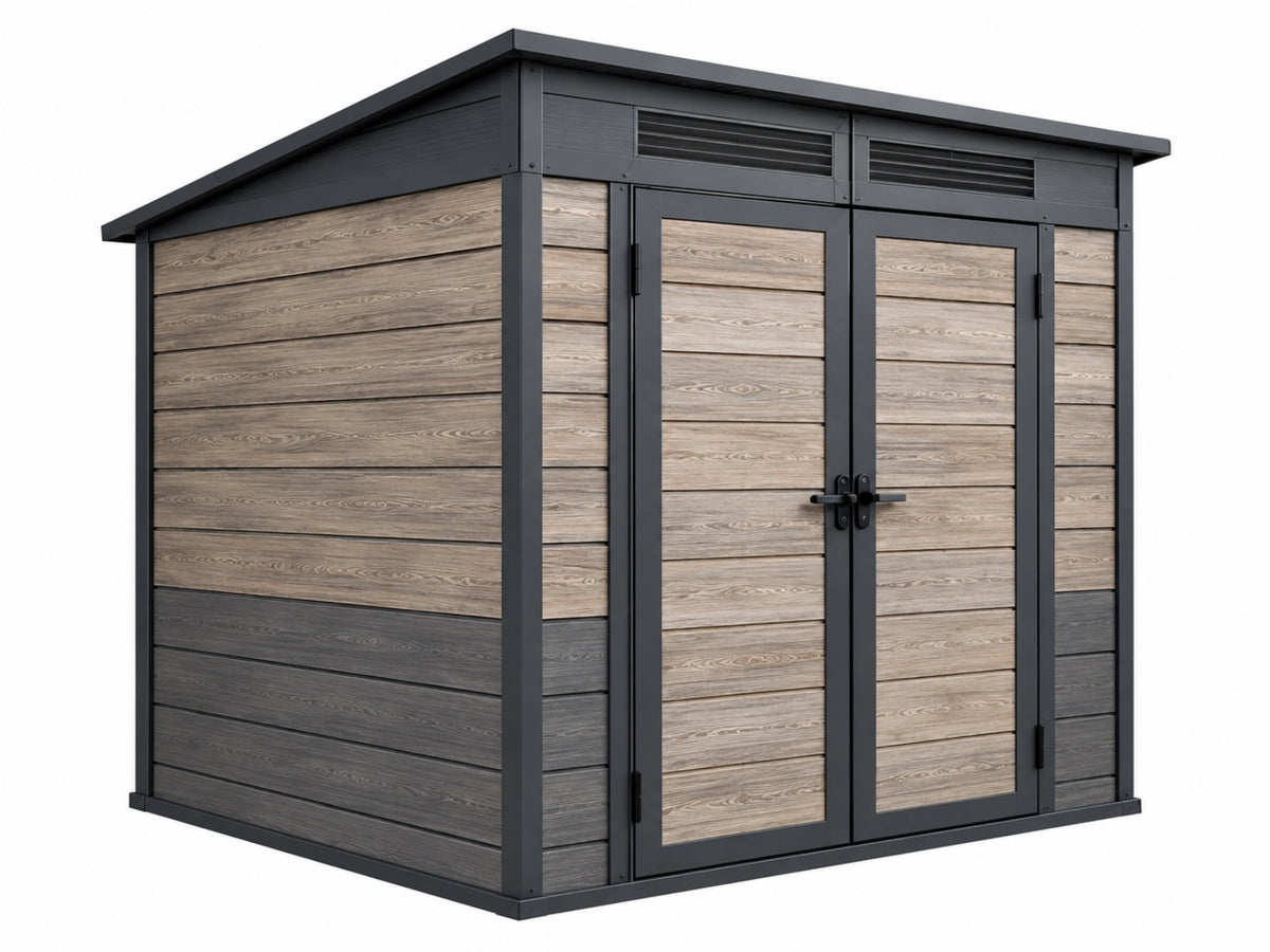 Casetta da giardino 180 x 120 x 200 cm in pannelli effetto legno grigio e struttura nera - deposito esterno con doppia porta