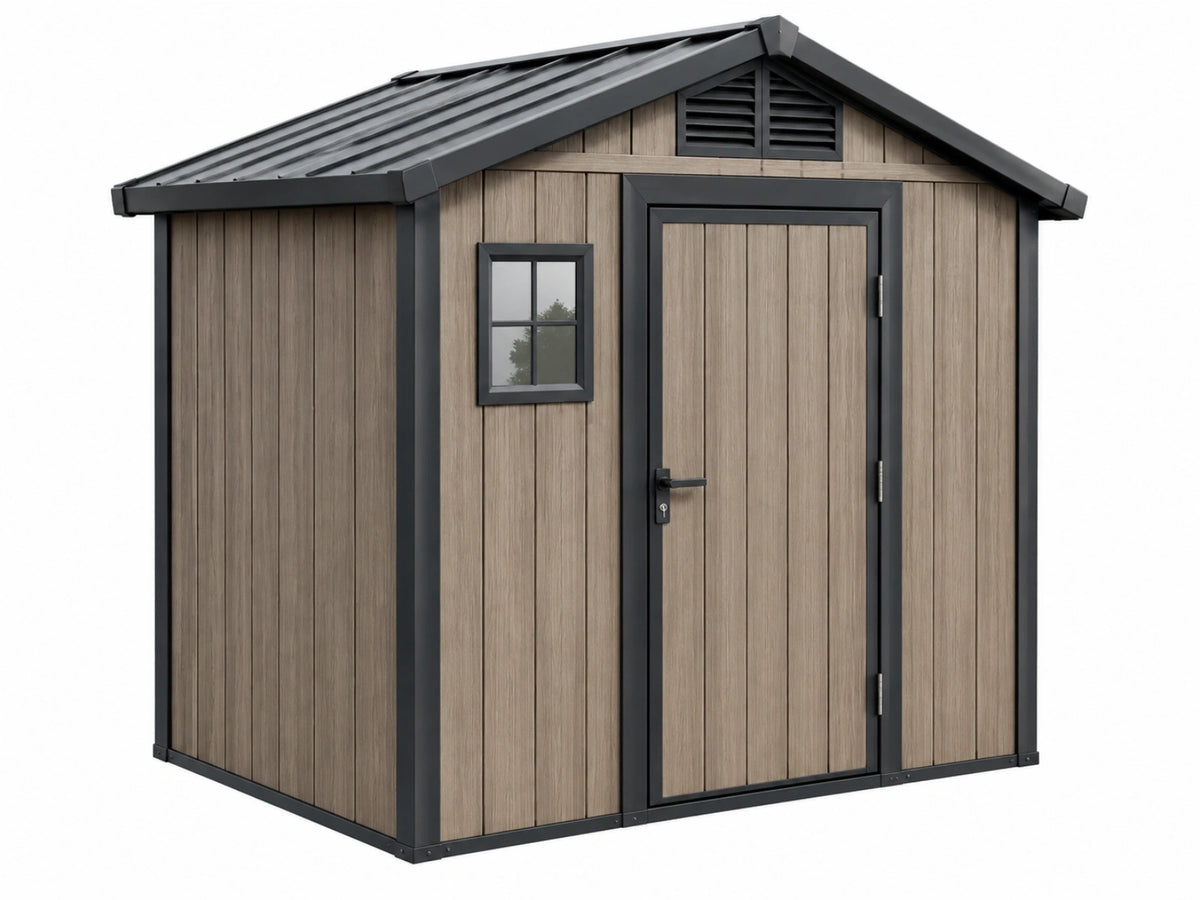 Casetta da giardino 180 x 120 x 200 cm in resina effetto legno marrone con telaio nero