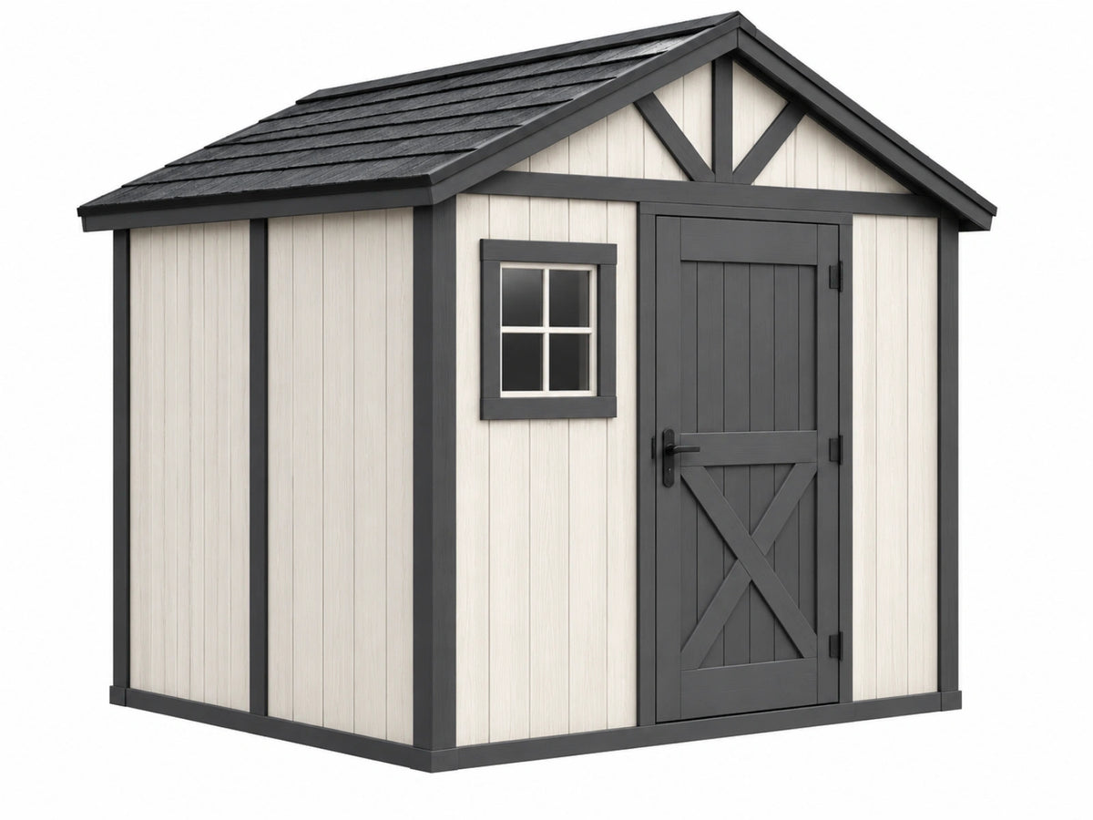 Casetta da giardino 180 x 120 x 200 cm in resina beige e antracite con porta e finestra