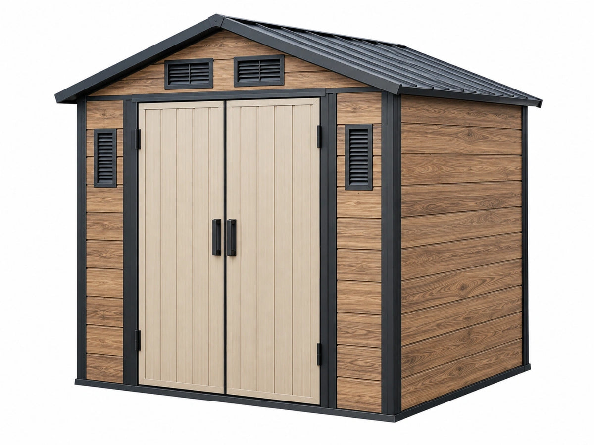 Casetta da giardino 214 x 130 x 190 cm in resina effetto legno marrone con tetto nero