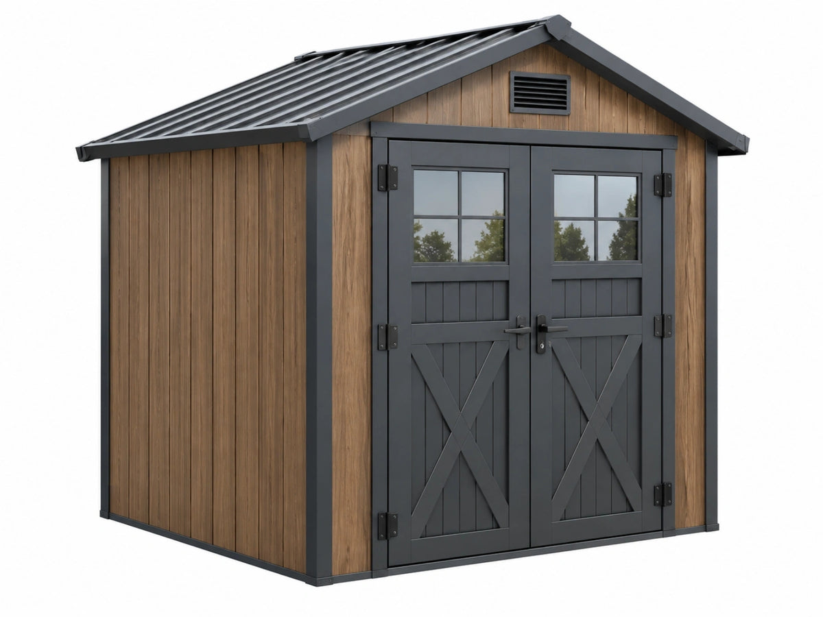 Casetta da giardino 210 x 130 x 200 cm in resina effetto legno marrone e antracite con doppia porta